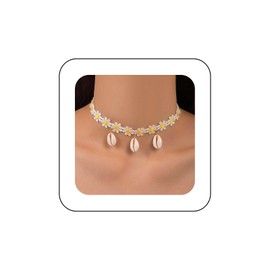 Xduargs Boho Lace Flower Choker Necklace Vintage Daisy Flower Shell Necklace White Daisy Lace Collar Necklace Daisy Petal Cowrie Necklace Jewelry for Women and Girls
