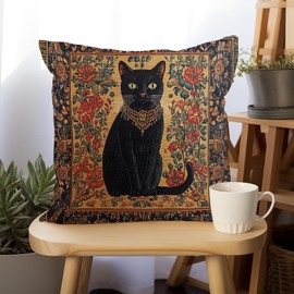 SUNFYCN William Morris Abstract Vintage Black Cat Design Throw Pillow Cover Home Decor, Art Deco Pillowcase Cushion Cover for Bed Sofa Living Room, Square Pillowcase 18x18inch (1, Black-CAT3)