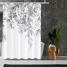 Tititex Light Grey Eucalyptus Shower Curtain Sets, Watercolor Gray Leaves on The Top Plant with Floral Bathroom Decoration 60x72 Inch with Hooks