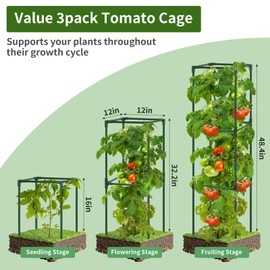 ROADPLUM 3 Pack 48" Tomato Cage for Garden, Heavy Duty Adjustable Plastic Coated Steel Pipe Tomato Stakes Trellis Plant Cages for Vegetable, Fruit, Flower, Rose Vine Climbing Plants