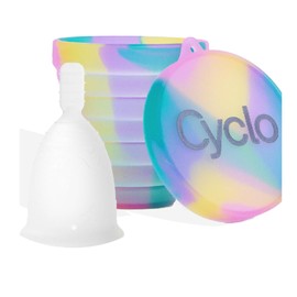 CYCLO Menstruationstasse Größe 2 + Sterilisatorbecher, zusammenklappbar und leicht, mikrowellengeeignet, Tasse mit einer Kapazität von bis zu 12 Stunden ohne Entleeren