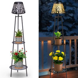 Candieslife 45.5" Metal Solar Floor Lamps Outdoor with 2 Plant Stands, 2 Pack Waterproof Solar Lantern Lights for Patio Deck Yard Garden Porch Christmas Decor (Bronze)
