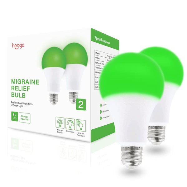 hooga Migraine Relief Green LED Light Bulb, Light Therapy Bulb, 520nm Narrow Band, 8W, E26 Base. Dimmable. Relieves Migraine Pain, Nausea, Anxiety, Insomnia. May Help Fibromyalgia Pain. (2 Pack)