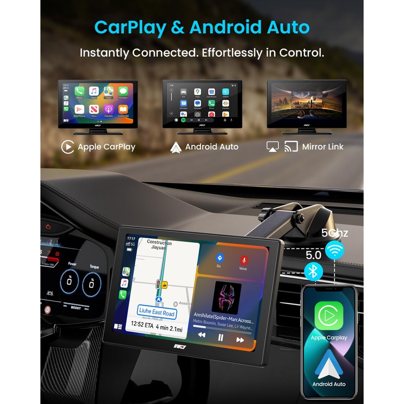 IK5 9" Wireless Apple CarPlay & Android Auto Screen, Portable