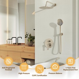 Gabrylly Bathtub Shower System, Shower Faucet Set with Tub Spout, High Pressure 10" Rain Shower head with Handheld Spray, Shower Fixtures with Pressure Balance Shower Valve, Brushed Nickel