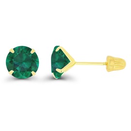 Solid 14K Yellow Gold 6mm Round Created Green Emerald May Birthstone Solitaire Ball Screw Back Stud Earring