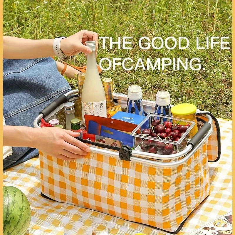 Insulated Cooler Bag-Folding Picnic Basket with Handle，Waterproof Lining - Collapsible
