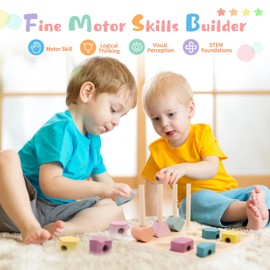 3-in-1 Children's Montessori Toy from 3 4 5 Years, Wooden Toy Plug-In Game Threading Game Building Blocks Sorting Game Wooden Stacking Game Fine Motor Skills Toy Educational Games Gift for Baby Boys