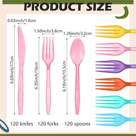 Honeydak 360 Pcs Macaron Colors Plastic Silverware Disposable Pastel Cutlery Flatware for Party 120 Forks 120 Knives 120 Spoons for Birthday Dinnerware Back to School Party Supplies