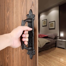 INIRET 4 Packs Heavy Duty 8.9" barn Door Handles,Large Rustic Carved Door Pull，Dark Brown Cast Iron Rustic Vintage Gate Fence Outdoor Garage Closet Drawer Cabinet Handles