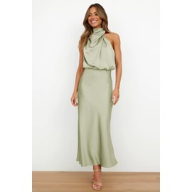 Plustrong Women‘s Summer Satin Dress Sleeveless Mock Neck Formal Cocktail Party Wedding Guest Maxi Dresses (Tender Green,L)