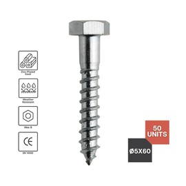 DOJA Barcelona Hexagon Wood Screws Assorted Screws Pack 50-5 x 60 mm Hexagonal Screw Key Screws Galvanised Steel Pull Screws Construction Woodworking Interior Design