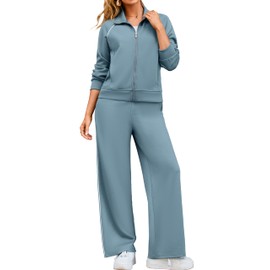 Glamaker Womens 2 Piece Sweat Suits Casual Comfy Long Sleeve Zip Up Wide Leg Pants Travel Sets Tracksuit Fashion Fall Outfits Dusty Blue L