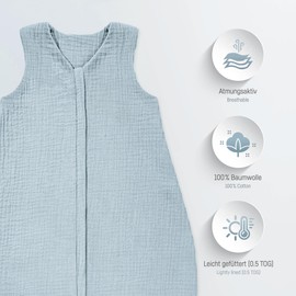 Julius Zöllner Denim Muslin Summer Sleeping Bag, Size 60, Made of Soft Muslin Cotton, Safe and Tested for Harmful Substances, Ideal for Warm Summer Nights