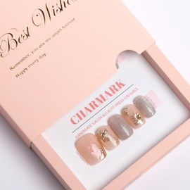 CHARMARK Press on Nails Handmade Gel Manicure, Unique Exquisite for Daily, Party, Bridal Decorations Nail Kit, 16Pcs Reusable Well Made Glue/Stick on Nail (04.Golden flower, M-suit for 70% people)