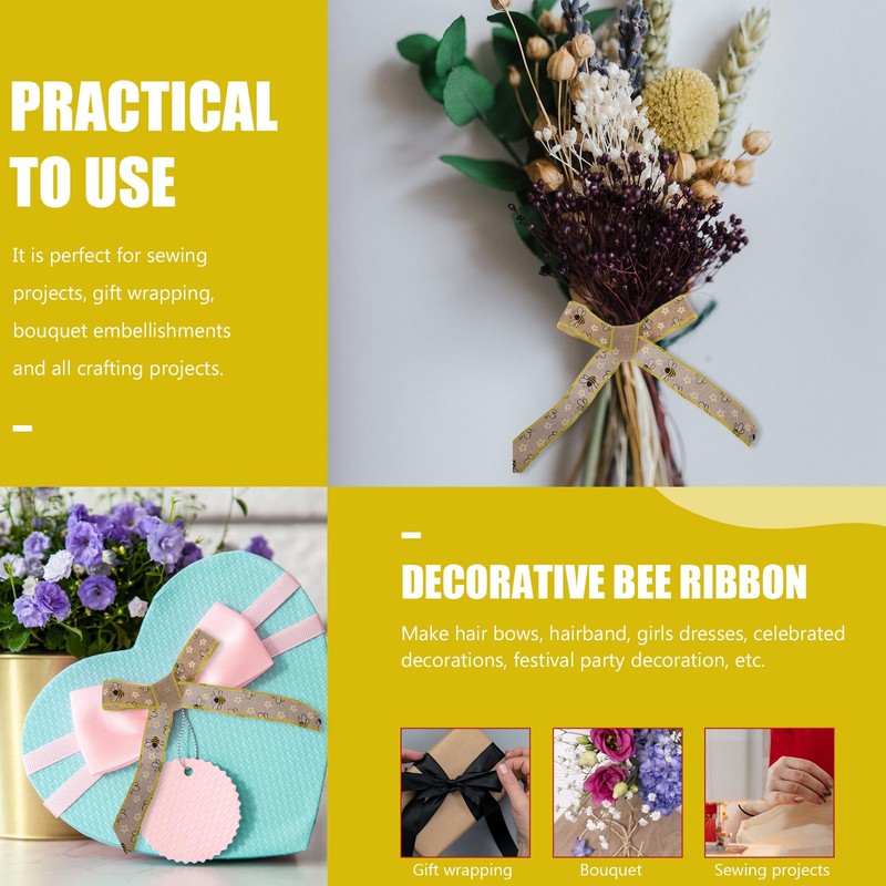 NUOBESTY 1 Roll Honey Bee Ribbons Bumblebee Ribbon Bee Wired