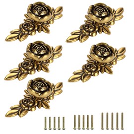 JUXYES Pack of 5 Euro Rose Decorative Cabinet Knobs with Plate, Floral Ivory Drawer Knob Cupboard Door Knobs, Ivory White Drawer Pulls Cabinet Handle Knobs for Dresser Cabinet