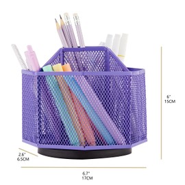 Annova Mesh Desk Organizer Rotating with 5 Compartments for Candy/Pens Office Art Supplies Storage Classroom Home (Purple)