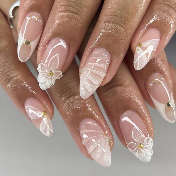 Shimmerz 24 Pieces Almond Styling Nails White Ombré with 3D