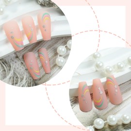 RUOKEXIN Coffin Press on Nails Medium Length Fake Nails Pink False Nails with Glitter Designs Acrylic Artificial Nails Full Cover Glue on Nails Nail Press ons Cute Stick on Nails for Women 24Pcs