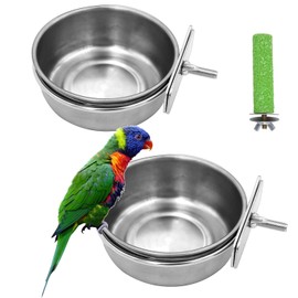2 Pack Birds Food Dish Parrot Stainless Steel Feeding Cups Bird Feeders Water Cage Bowls with Clamp Holder and 1 Pcs Bird Stand Toy for Parakeet Conure Cockatiels Lovebird Budgie Chinchilla (2 Pack)