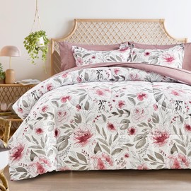 Flysheep Floral Bed in a Bag Twin Size 6 Pieces, Blush Pink and Grey Elegant Flowers Comforter Bedding Set for All Season (1 Comforter, 1 Flat Sheet, 1 Fitted Sheet, 2 Pillow Shams and 1 Pillowcase)