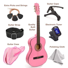 NEW! 30" Left Handed Pink Wood Guitar With Case and Accessories for Kids/Girls/Beginners (Pink)