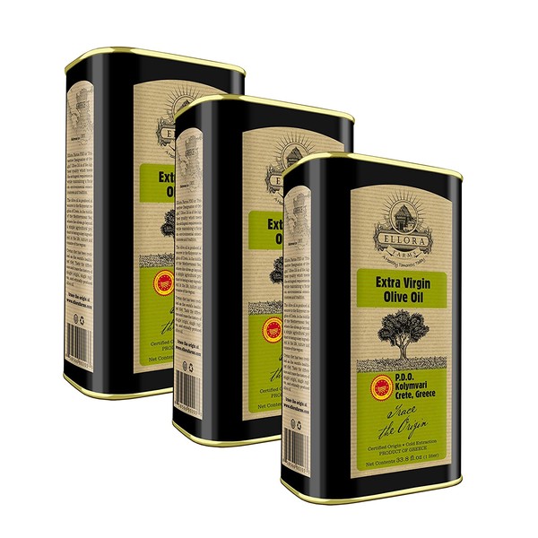 Ellora Farms, 2020 Gold Award Winner, Certified PDO Greek Extra Virgin Olive Oil, Traceable, Single Origin & Single Estate, Harvested in Crete, Greece, Cold-Press, Kosher, 1 Lt. X 3 Tins, total 101.4 FL oz.