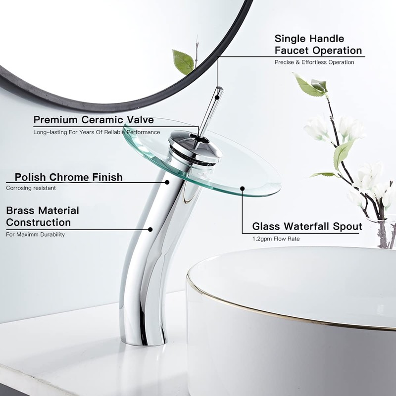 Bathroom Vessel Faucet Chrome Waterfall Glass Spout Single Handle One