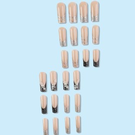 Hkanlre Pearl Press on Nails Long Silver Fake Nails Tips Full Cover False Coffin Black Nails for Women and Girls 24PCS