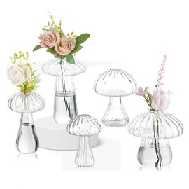 ZhouZGlass Mushroom Flower Vase, Cute Small Flower Vase Set, Small Bud Flower Vases Unique, Mushroom Propagation Hydroponic Vases, Funky Cottagecore Decor for Home Room (Clear, 5 Pcs)