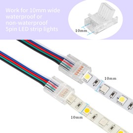 HOMELYLIFE 5 Pin RGBW LED Strip Connectors 10mm Solderless 20 Pcs with 16.4ft Extension Cable 5 Conductor for Waterproof or Non-Waterproof 10mm Wide RGBW LED Strip Lights