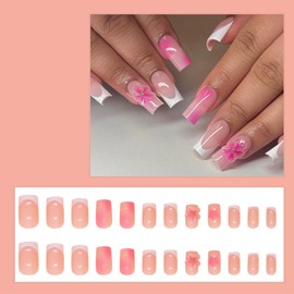 juchangps Press on Nails Long Square Pink Bling Glossy 3D Flower False Nail Tips Artificial Nails Finger Manicure Full Cover Stick on Nails for Women and Girls-24pcs (Pink&Flower, Long)