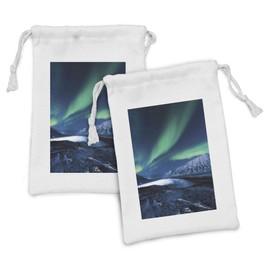 Lunarable Aurora Borealis Fabric Pouch Set of 2, Polar Northern Vivid Sky in Norway Snowy Mountains, Small Drawstring Bag for Toiletries Masks and Favors, 9" x 6", Dark Sky Blue Sea Green