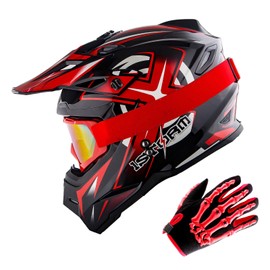 1Storm Youth Kids Motocross Helmet BMX MX Bike Helmet Teenager Racing Style; Racing Red + Goggles + Skeleton Glove Bundle