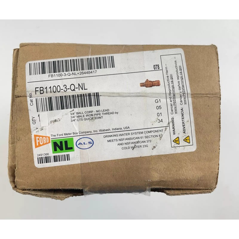 Ford Meter Box 3/4" Joint Brass Ball Corp Valve FB1100-3-Q-NL