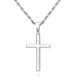 NORBU 925 Sterling Silver Cross Necklace for Men/Women, Hypoallergenic Stainless Steel Rope Chain with Cross Pendant, Religious Jewelry Gifts for Men, Silver, 24 inch