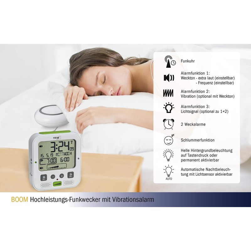 TFA Dostmann 60.2538.02 Funkwecker Boom mit Vibrationsalarm (Weiss)