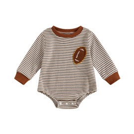 Newborn Baby Boy Football Outfit Game Day Onesie Oversized Sweatshirt Romper Long Sleeve Jumpsuit Fall Winter Clothes (Stripe Khaki, 3-6 Months)