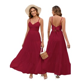 HTZMO Women Casual Summer Floral Maxi Sundress V Neck Spaghetti Strap Bow Tie Backless Flowy Boho Beach Long Dress 2025 Red M