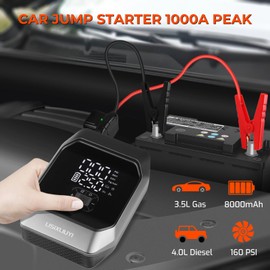 LISIXLIUYI Car Jump Starter with Air Compressor (3.5L Gas / 4.0L Diesel) 12V Auto Battery Booster Pack Jump Box 1000A Peak Portable Smart Car Battery Charger Tire Inflator 160PSI for Car