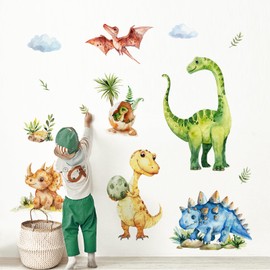Tanlaby Dinosaur Wall Stickers Watercolor Dino Tropical Leaves Palm Tree Wall Decals Peel and Stick Decor for Baby Nursery Boys Girls Kids Toddler Bedroom Playroom Classroom