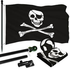 G128 Combo Pack: 5 Ft Aluminum Spinning Flagpole (Black) & Pirate Jolly Roger Bones Flag 2x3 Ft, ToughWeave Series Embroidered 300D Polyester | Pole with Flag Included