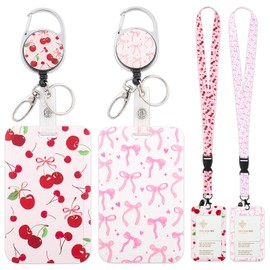 2 Pack Cute ID Badge Holder with Breakaway Lanyard and Retractable Badge Reel, Red Cherry and Pink Bow Name Tag ID Card Protector Case for Teacher Nurse Student Doctor Office Work