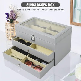 GRTCZYSL Sunglasses Organizer 18 Slots, Multiple Pairs Glasses Storage Case Leather Eyeglasses Display Box for Women Men -Grey