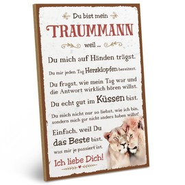 ARTFAVES® Wooden Sign with Saying "Du bist mein Traummann | Shabby Chic Sign Retro Vintage Decoration Gift | Love, Partner | Size: 19 x 28 cm