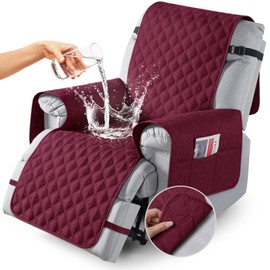 TAOCOCO 100% Waterproof Recliner Chair Covers with Leg Straps, Recliner Cover Reversible for Reclining Chair with Pocket, Washable Chair Cover for Recliners Pets, Dogs(Recliner Chair 28'' Wine)