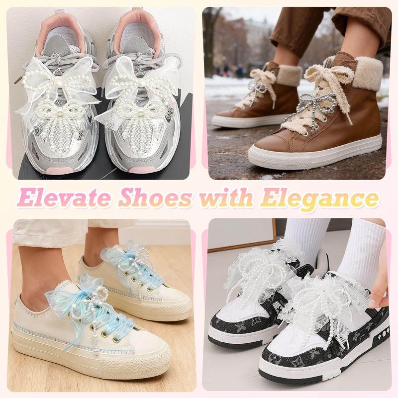 WEGOODZF 2 pcs White Lace and Pearls Bowknot Shoe Charms