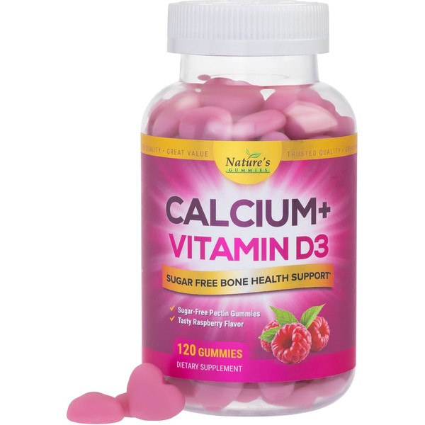 Sugar Free Calcium Gummy Plus 400 IU Vitamin D3, Immune System & Bone Health Support, Supports Bone Strength - Nature’s Chewable Calcium Dietary Supplement, Made Non-GMO, Berry Flavor - 120 Gummies