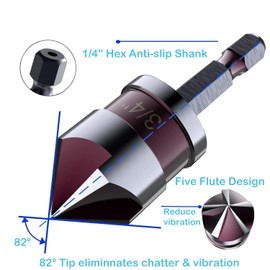 YUENTOEN 5 Pack Countersink Drill Bit Set for Metal, 1/4 Inch Hex Shank Countersunk Bits, 82 Degree 5 Flute,1/4'' 3/8'' 1/2'' 5/8'' 3/4'' with Bit Holder for Metal Wood and Plastic